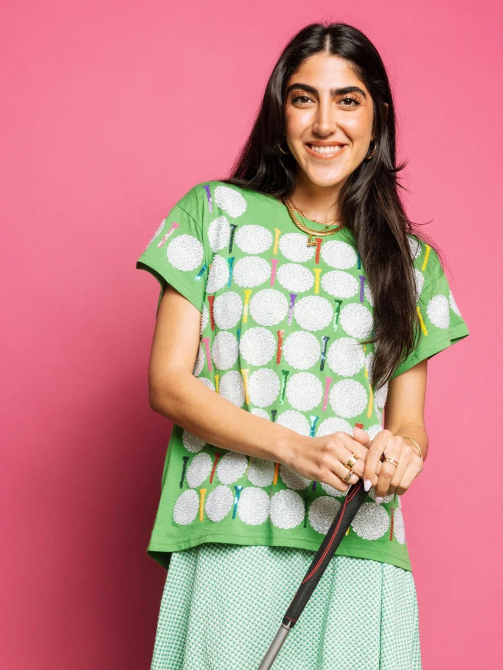 Queen of Sparkles Green Golf Ball and Golf Tee T-Shirt. NWOT